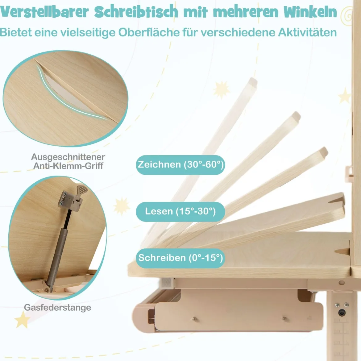 Kinderschreibtisch mit Regal & Schublade höhenverstellbarer Schülerschreibtisch mit neigbarer Tischplatte Blau/Rosa/Natur