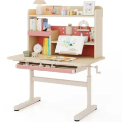 Kinderschreibtisch mit Regal & Schublade höhenverstellbarer Schülerschreibtisch mit neigbarer Tischplatte Blau/Rosa/Natur
