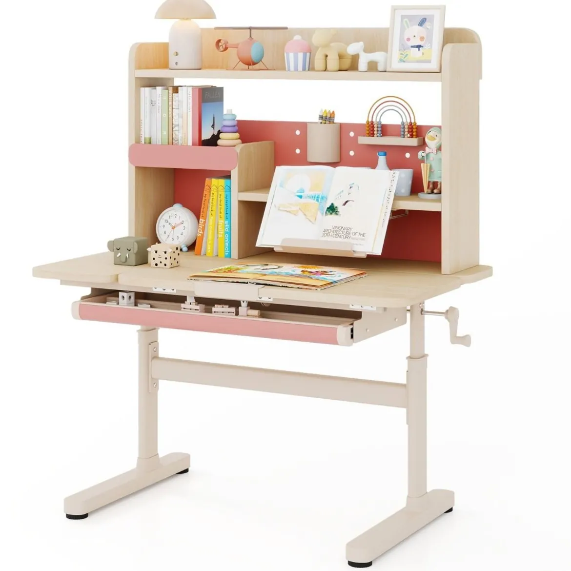 Kinderschreibtisch mit Regal & Schublade höhenverstellbarer Schülerschreibtisch mit neigbarer Tischplatte Blau/Rosa/Natur
