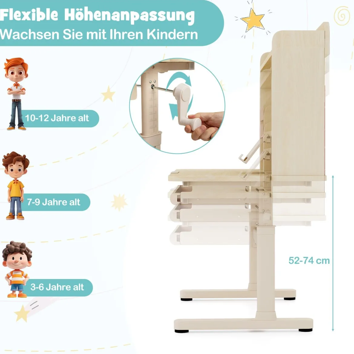 Kinderschreibtisch mit Regal & Schublade höhenverstellbarer Schülerschreibtisch mit neigbarer Tischplatte Blau/Rosa/Natur