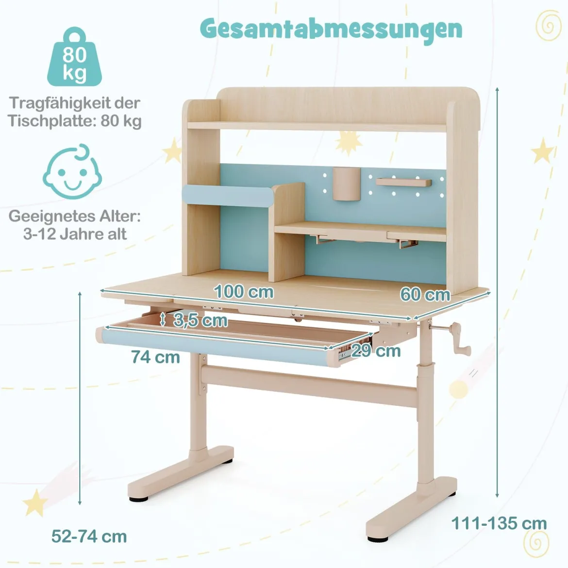 Kinderschreibtisch mit Regal & Schublade höhenverstellbarer Schülerschreibtisch mit neigbarer Tischplatte Blau/Rosa/Natur