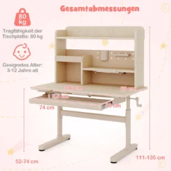 Kinderschreibtisch mit Regal & Schublade höhenverstellbarer Schülerschreibtisch mit neigbarer Tischplatte Blau/Rosa/Natur