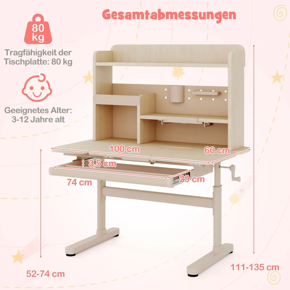 Kinderschreibtisch mit Regal & Schublade höhenverstellbarer Schülerschreibtisch mit neigbarer Tischplatte Blau/Rosa/Natur