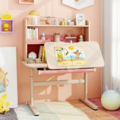Kinderschreibtisch mit Regal & Schublade höhenverstellbarer Schülerschreibtisch mit neigbarer Tischplatte Blau/Rosa/Natur
