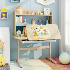 Kinderschreibtisch mit Regal & Schublade höhenverstellbarer Schülerschreibtisch mit neigbarer Tischplatte Blau/Rosa/Natur