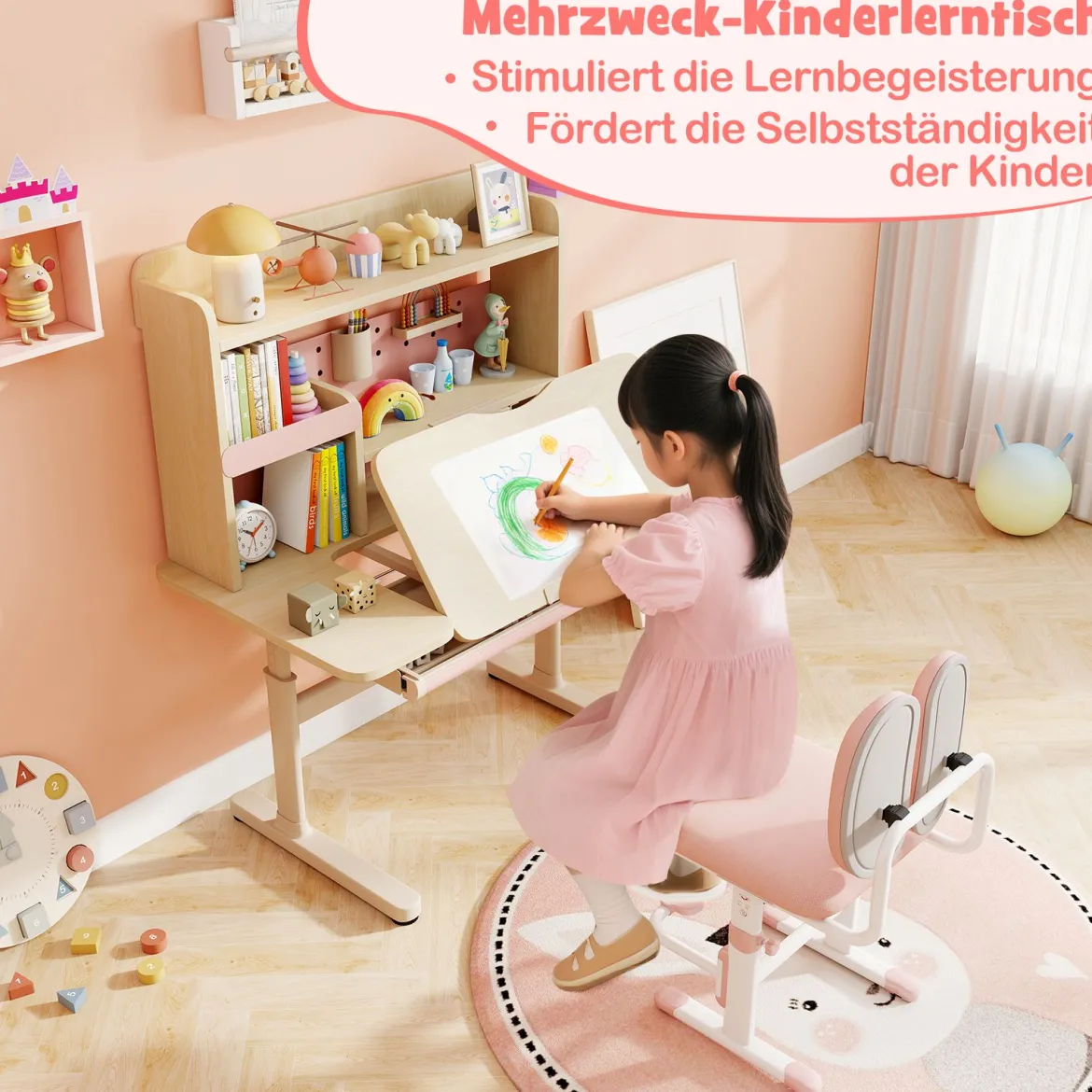 Kinderschreibtisch mit Regal & Schublade höhenverstellbarer Schülerschreibtisch mit neigbarer Tischplatte Blau/Rosa/Natur