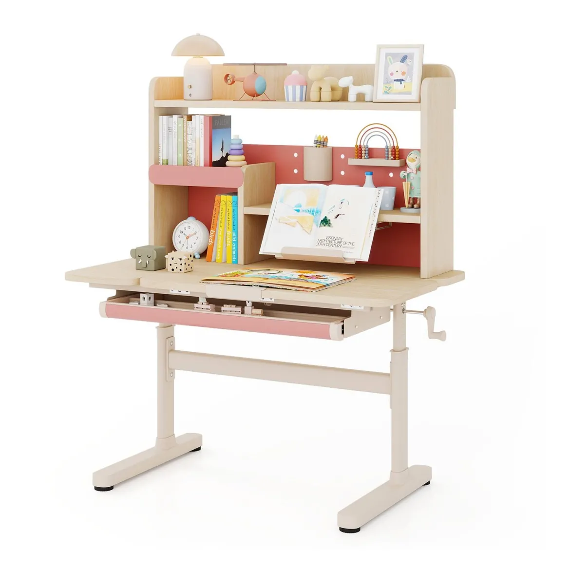Kinderschreibtisch mit Regal & Schublade höhenverstellbarer Schülerschreibtisch mit neigbarer Tischplatte Blau/Rosa/Natur