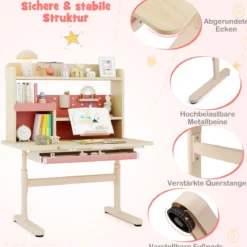Kinderschreibtisch mit Regal & Schublade höhenverstellbarer Schülerschreibtisch mit neigbarer Tischplatte Blau/Rosa/Natur