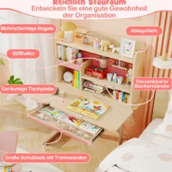 Kinderschreibtisch mit Regal & Schublade höhenverstellbarer Schülerschreibtisch mit neigbarer Tischplatte Blau/Rosa/Natur
