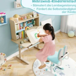 Kinderschreibtisch mit Regal & Schublade höhenverstellbarer Schülerschreibtisch mit neigbarer Tischplatte Blau/Rosa/Natur