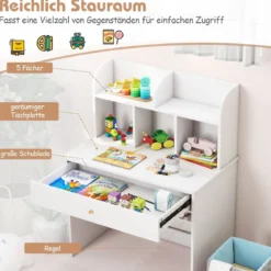 Kinder Schreibtisch mit Schublade & Ablagefach Holz Schülerschreibtisch Kindertisch Weiß