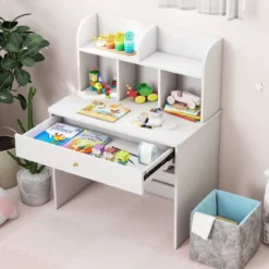 Kinder Schreibtisch mit Schublade & Ablagefach Holz Schülerschreibtisch Kindertisch Weiß