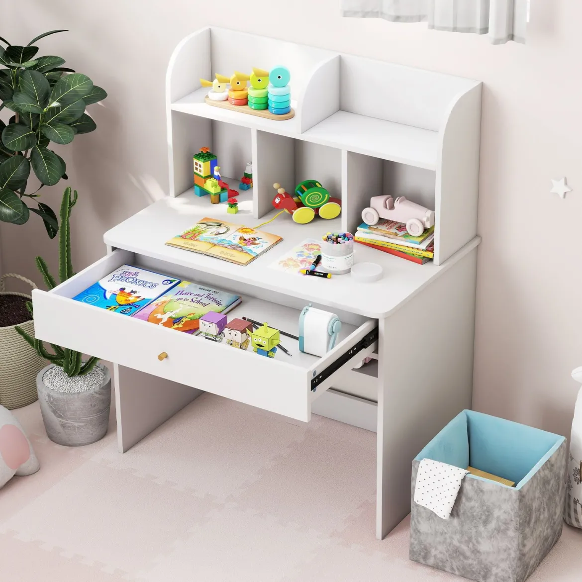 Kinder Schreibtisch mit Schublade & Ablagefach Holz Schülerschreibtisch Kindertisch Weiß