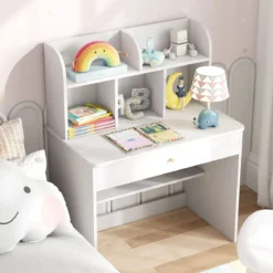 Kinder Schreibtisch mit Schublade & Ablagefach Holz Schülerschreibtisch Kindertisch Weiß