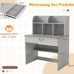 Kinder Schreibtisch mit Schublade & Ablagefach Holz Schülerschreibtisch Kindertisch Grau