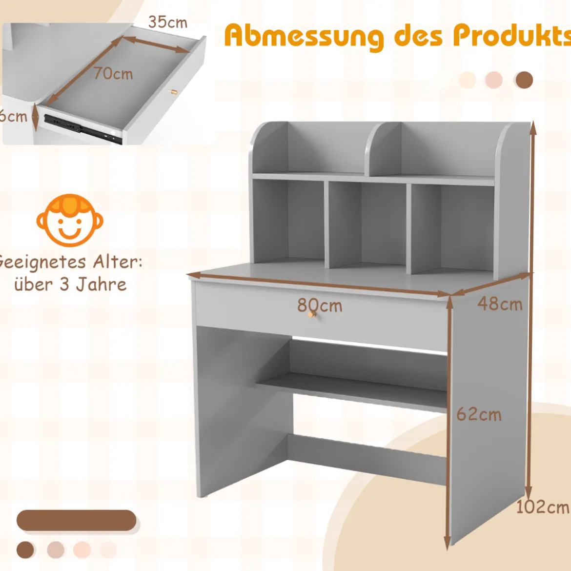 Kinder Schreibtisch mit Schublade & Ablagefach Holz Schülerschreibtisch Kindertisch Grau
