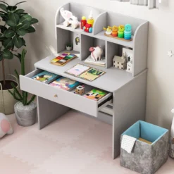 Kinder Schreibtisch mit Schublade & Ablagefach Holz Schülerschreibtisch Kindertisch Grau