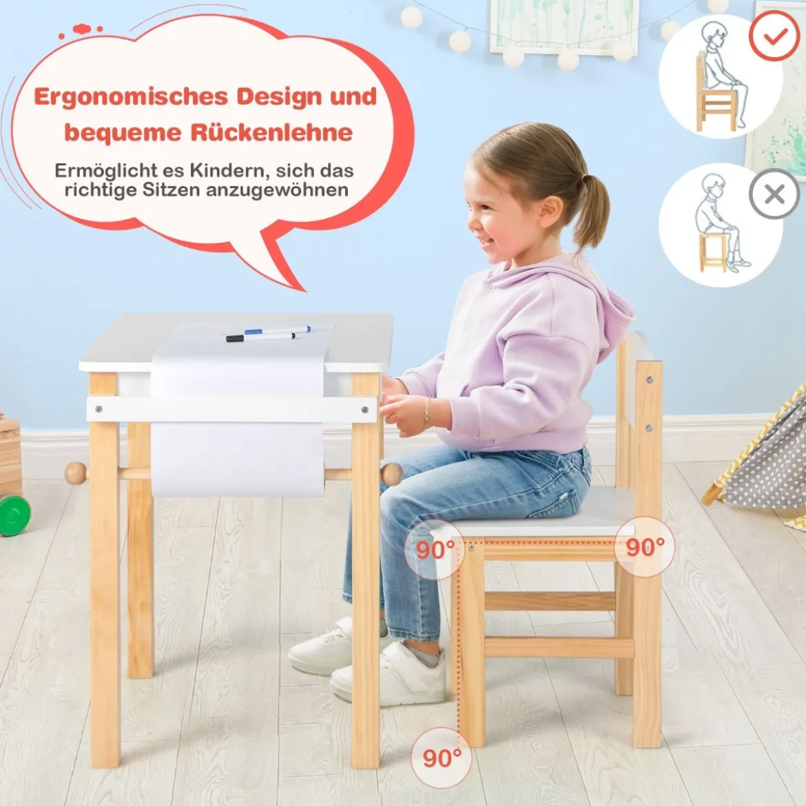Kinderschreibtisch mit Stuhl Kindertisch-Set mit Schublade Weiß + Natur