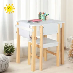 Kinderschreibtisch mit Stuhl Kindertisch-Set mit Schublade Weiß + Natur