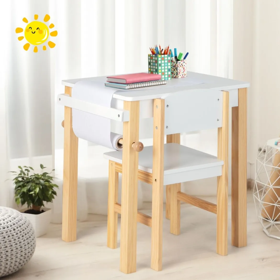 Kinderschreibtisch mit Stuhl Kindertisch-Set mit Schublade Weiß + Natur