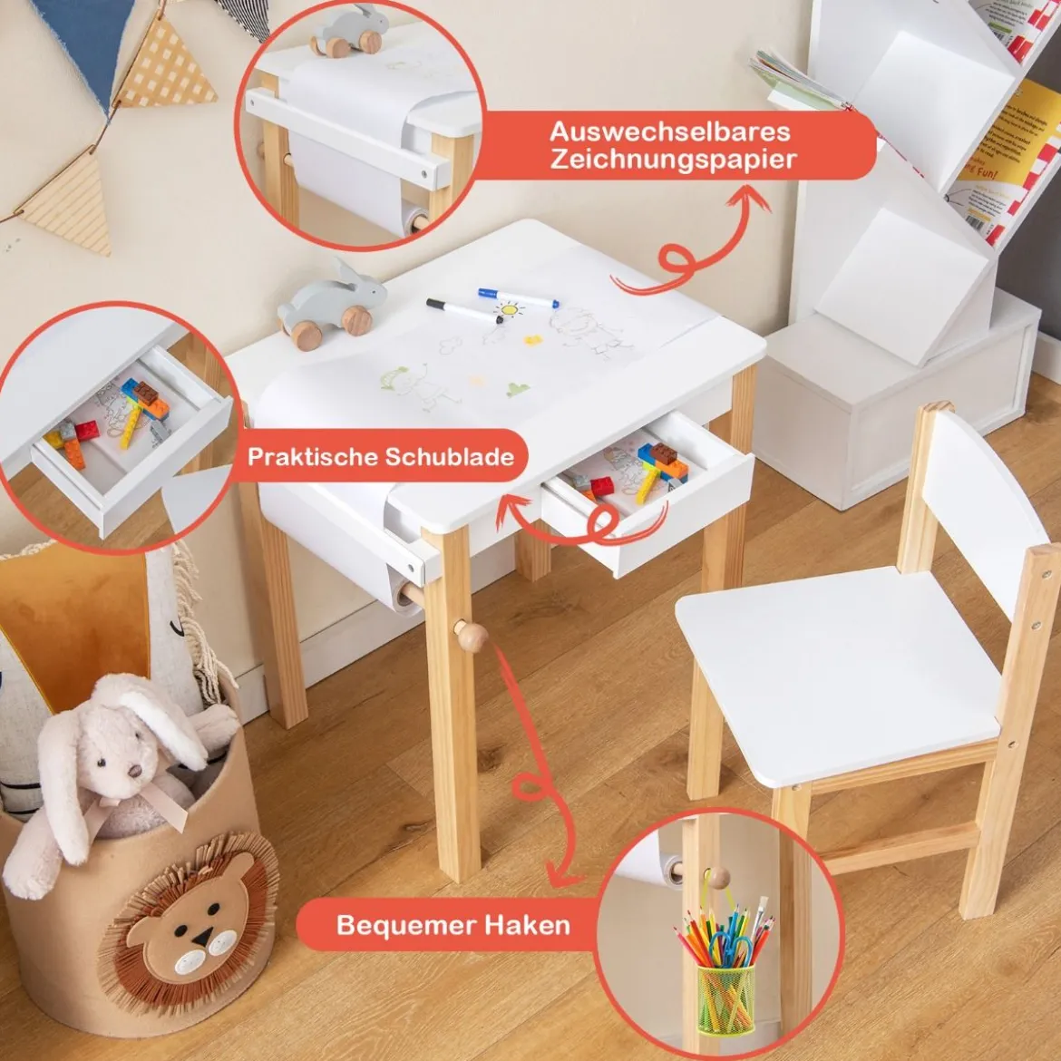 Kinderschreibtisch mit Stuhl Kindertisch-Set mit Schublade Weiß + Natur
