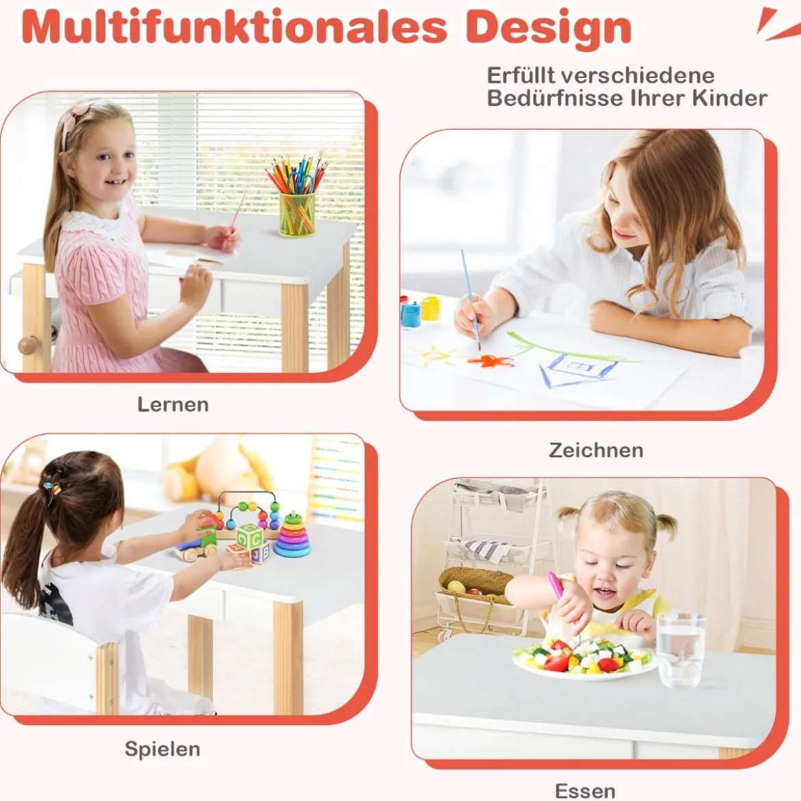 Kinderschreibtisch mit Stuhl Kindertisch-Set mit Schublade Weiß + Natur