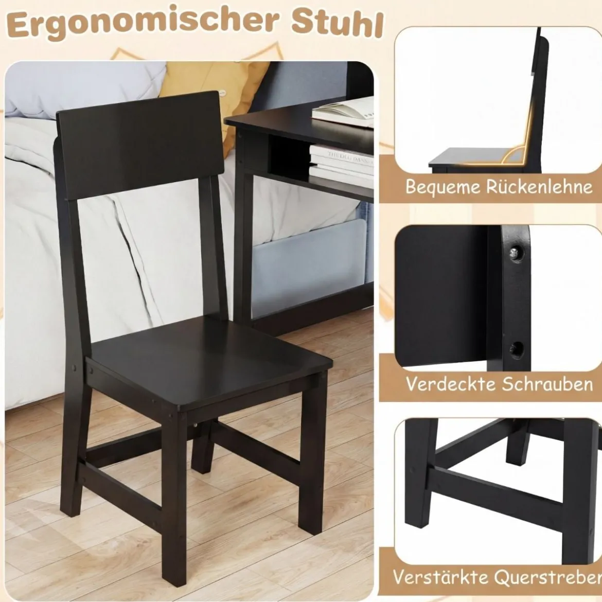 Kinderschreibtisch mit Stuhl Holz-Schülerschreibtisch mit Kork-Pinnwand Schublade Schwarz