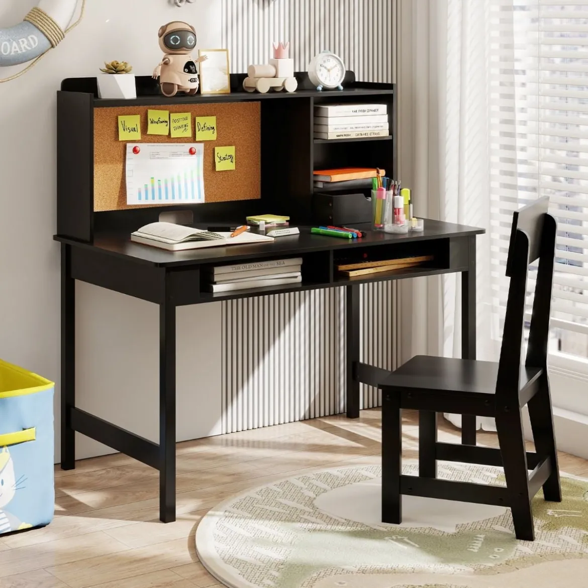 Kinderschreibtisch mit Stuhl Holz-Schülerschreibtisch mit Kork-Pinnwand Schublade Schwarz