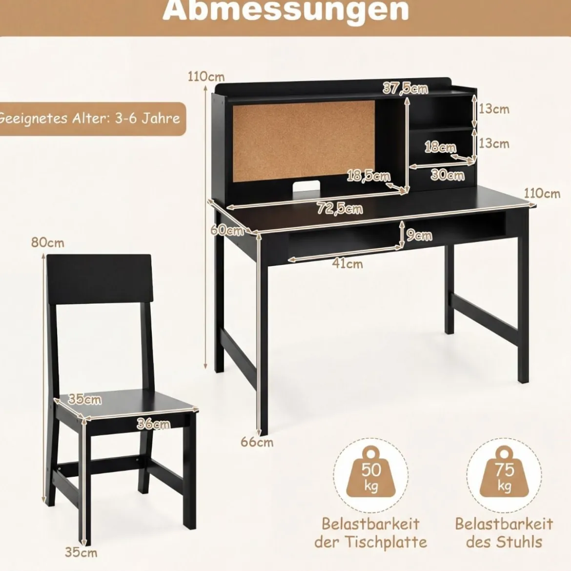 Kinderschreibtisch mit Stuhl Holz-Schülerschreibtisch mit Kork-Pinnwand Schublade Schwarz