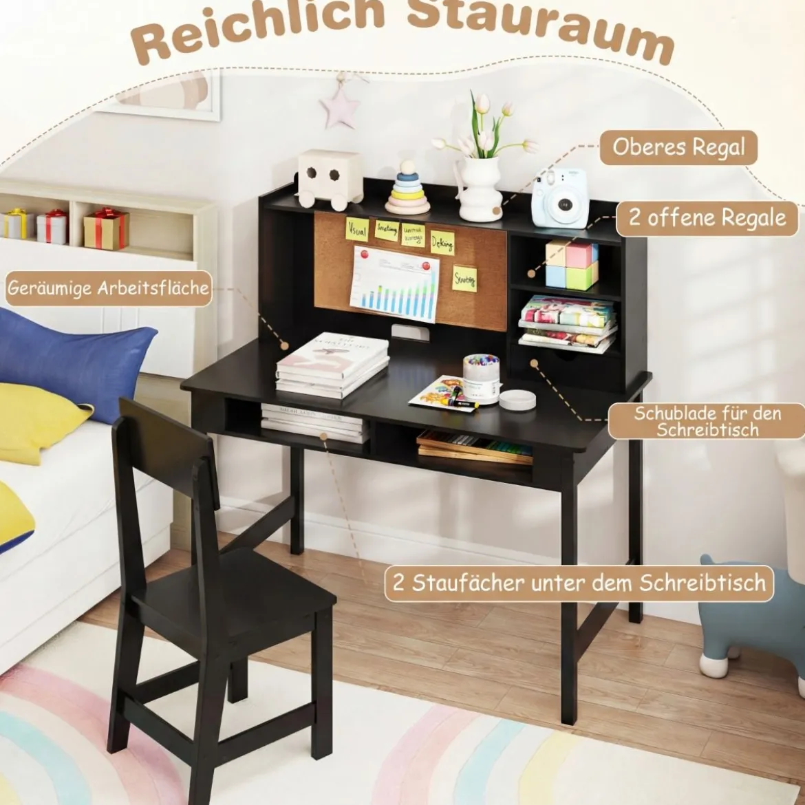 Kinderschreibtisch mit Stuhl Holz-Schülerschreibtisch mit Kork-Pinnwand Schublade Schwarz