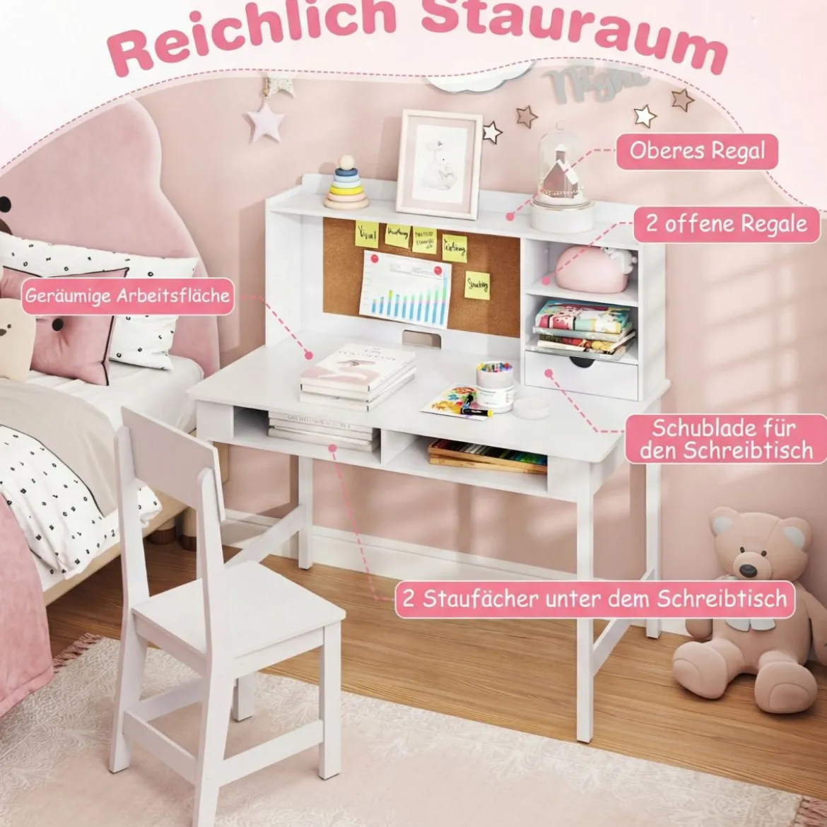 Kinderschreibtisch mit Stuhl Holz-Schülerschreibtisch mit Kork-Pinnwand Schublade Weiß