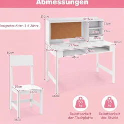 Kinderschreibtisch mit Stuhl Holz-Schülerschreibtisch mit Kork-Pinnwand Schublade Weiß