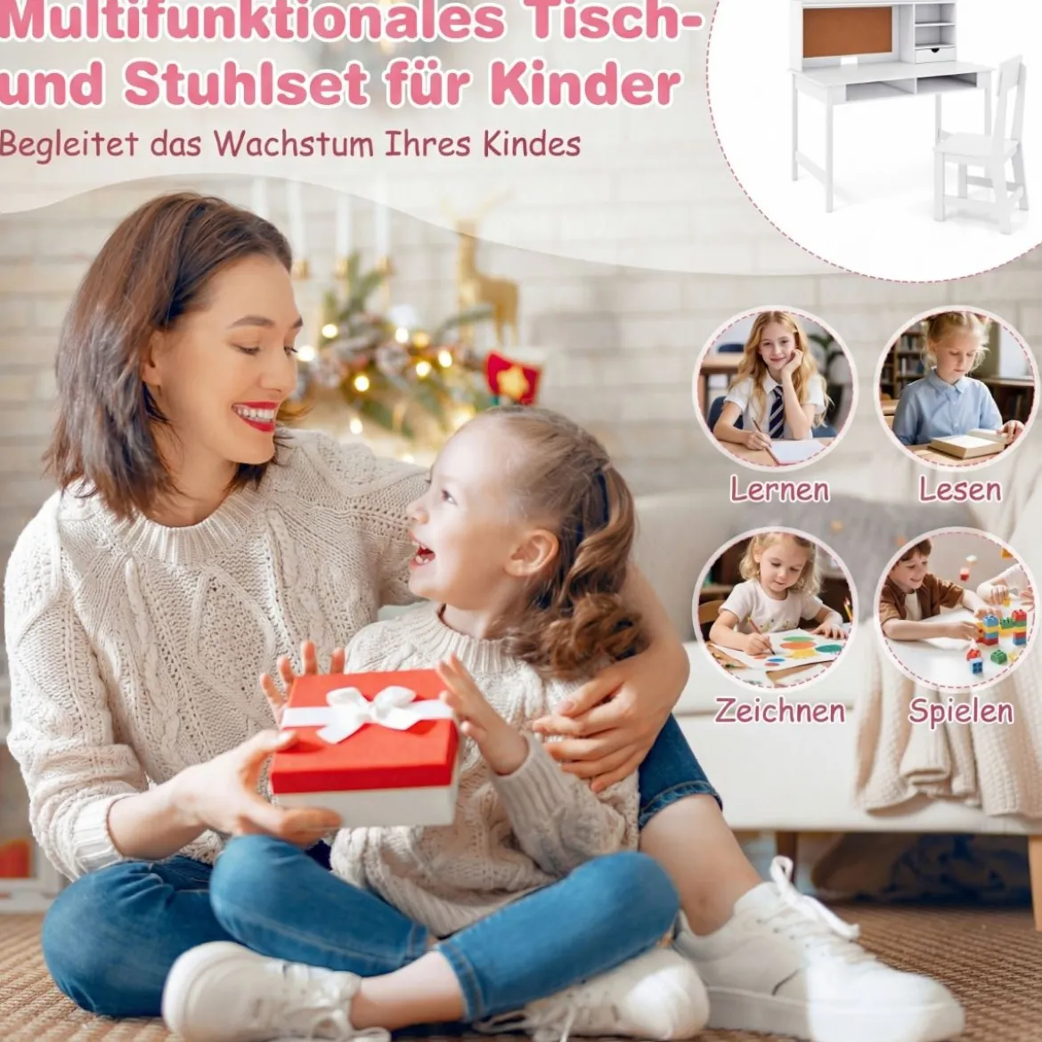 Kinderschreibtisch mit Stuhl Holz-Schülerschreibtisch mit Kork-Pinnwand Schublade Weiß