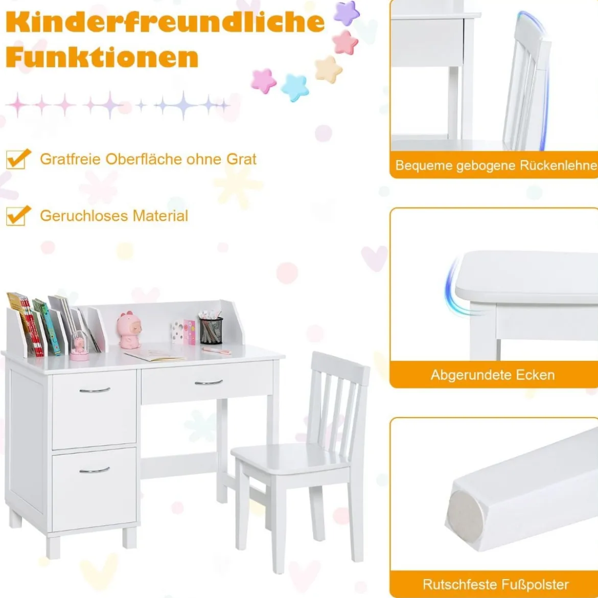 Kinderschreibtisch mit Stuhl Holz-Studenten Computerarbeitsplatz mit Buchteilern Weiß