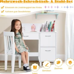 Kinderschreibtisch mit Stuhl Holz-Studenten Computerarbeitsplatz mit Buchteilern Weiß