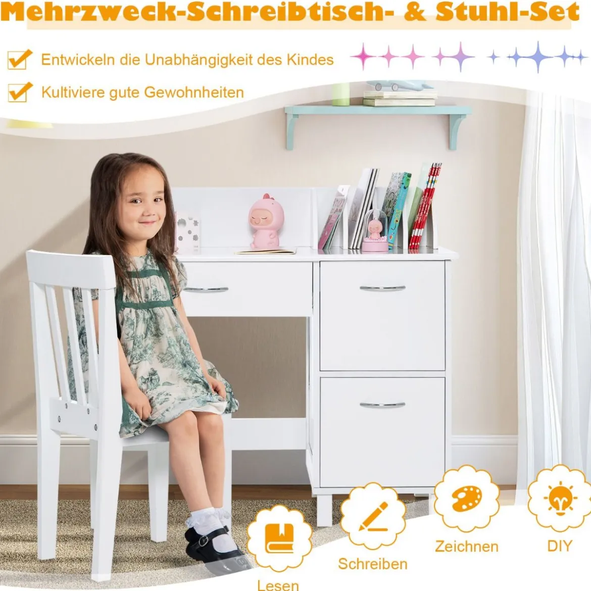 Kinderschreibtisch mit Stuhl Holz-Studenten Computerarbeitsplatz mit Buchteilern Weiß