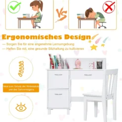 Kinderschreibtisch mit Stuhl Holz-Studenten Computerarbeitsplatz mit Buchteilern Weiß