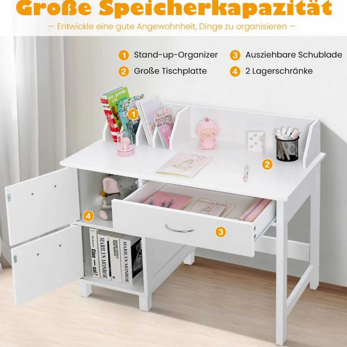 Kinderschreibtisch mit Stuhl Holz-Studenten Computerarbeitsplatz mit Buchteilern Weiß