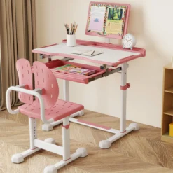 Kinder Schreibtisch mit Stuhl Höhenverstellbarer Kinderschreibtisch mit Neigbarer Tischplatte Rosa