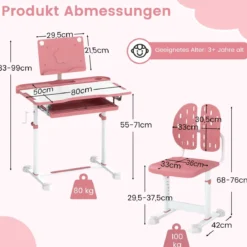 Kinder Schreibtisch mit Stuhl Höhenverstellbarer Kinderschreibtisch mit Neigbarer Tischplatte Rosa