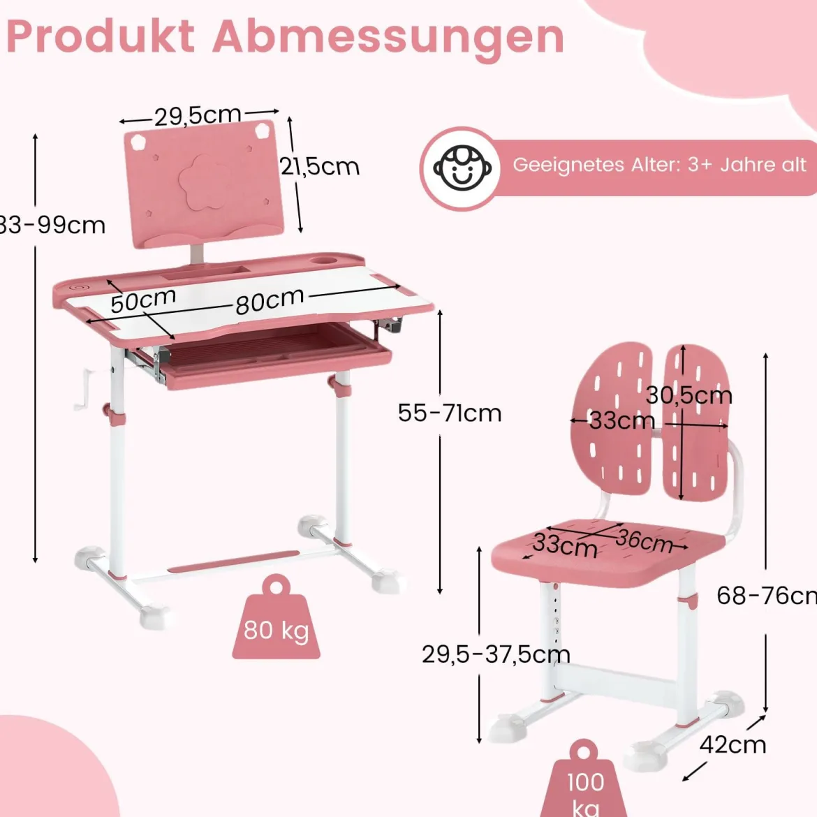 Kinder Schreibtisch mit Stuhl Höhenverstellbarer Kinderschreibtisch mit Neigbarer Tischplatte Rosa