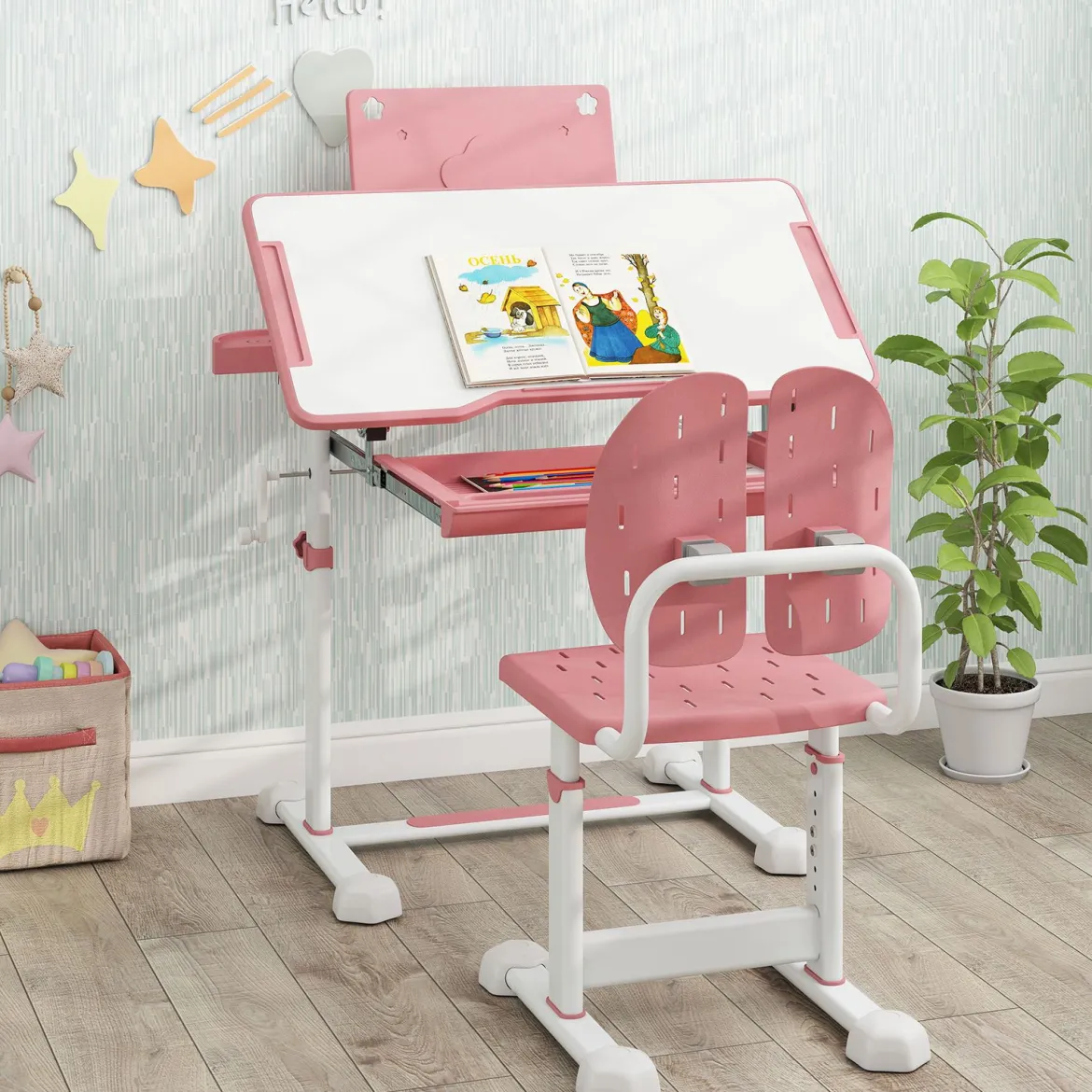 Kinder Schreibtisch mit Stuhl Höhenverstellbarer Kinderschreibtisch mit Neigbarer Tischplatte Rosa