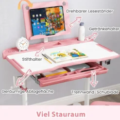 Kinder Schreibtisch mit Stuhl Höhenverstellbarer Kinderschreibtisch mit Neigbarer Tischplatte Rosa