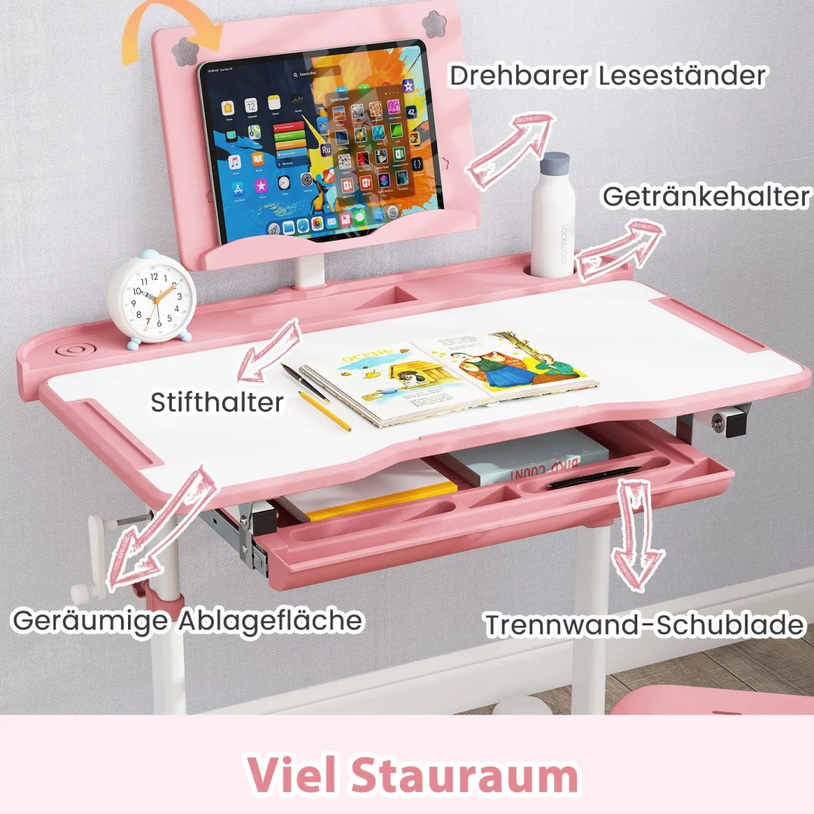 Kinder Schreibtisch mit Stuhl Höhenverstellbarer Kinderschreibtisch mit Neigbarer Tischplatte Rosa