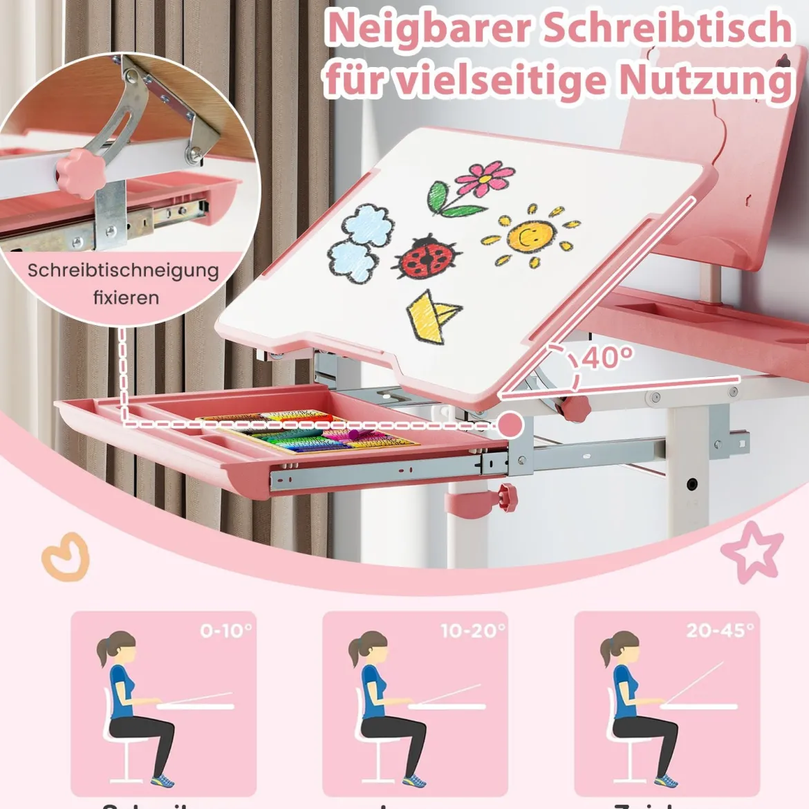Kinder Schreibtisch mit Stuhl Höhenverstellbarer Kinderschreibtisch mit Neigbarer Tischplatte Rosa