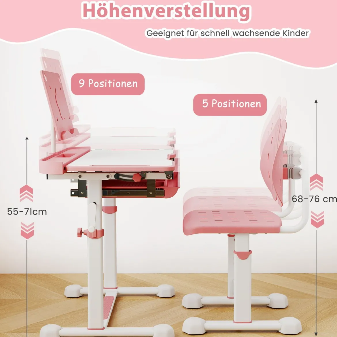 Kinder Schreibtisch mit Stuhl Höhenverstellbarer Kinderschreibtisch mit Neigbarer Tischplatte Rosa