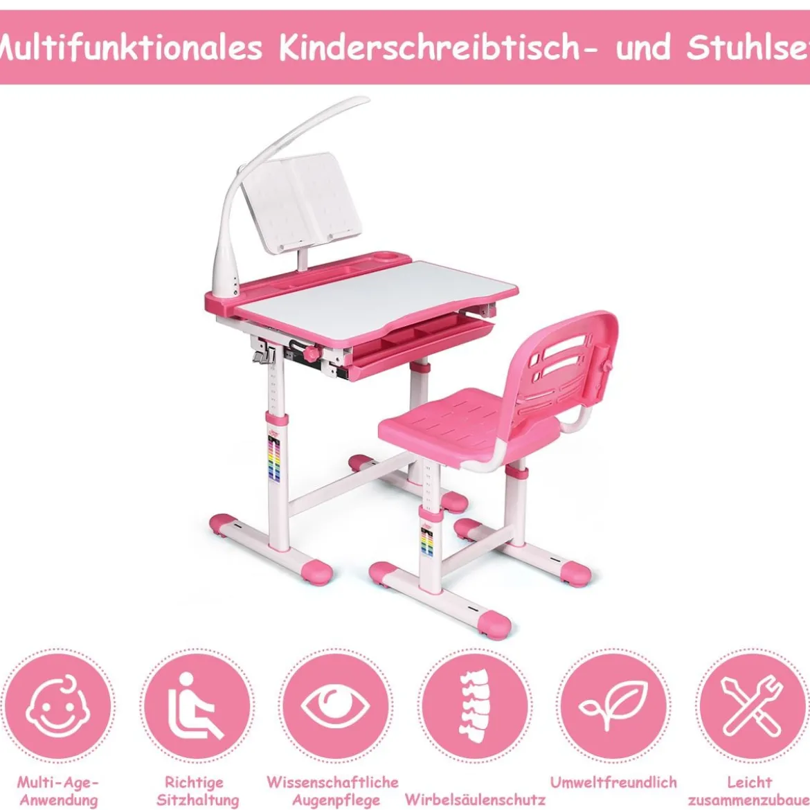 Kinderschreibtisch Neigungsverstellbar Schülerschreibtisch mit Lampe und Stuhl Farbewahl