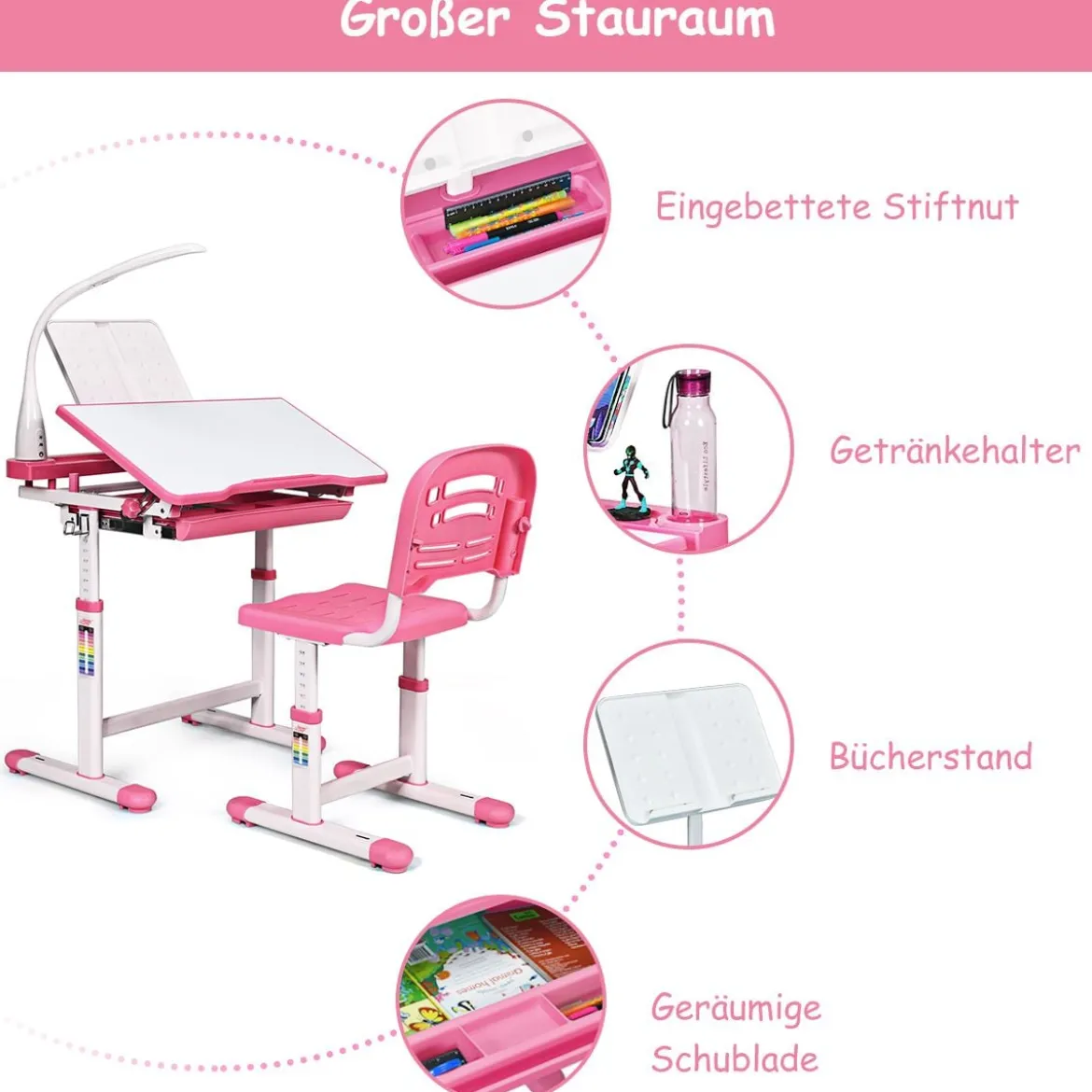 Kinderschreibtisch Neigungsverstellbar Schülerschreibtisch mit Lampe und Stuhl Farbewahl