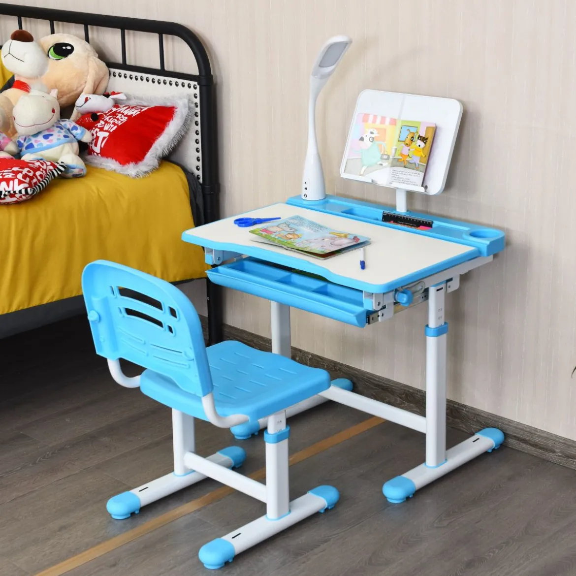 Kinderschreibtisch Neigungsverstellbar Schülerschreibtisch mit Lampe und Stuhl Farbewahl