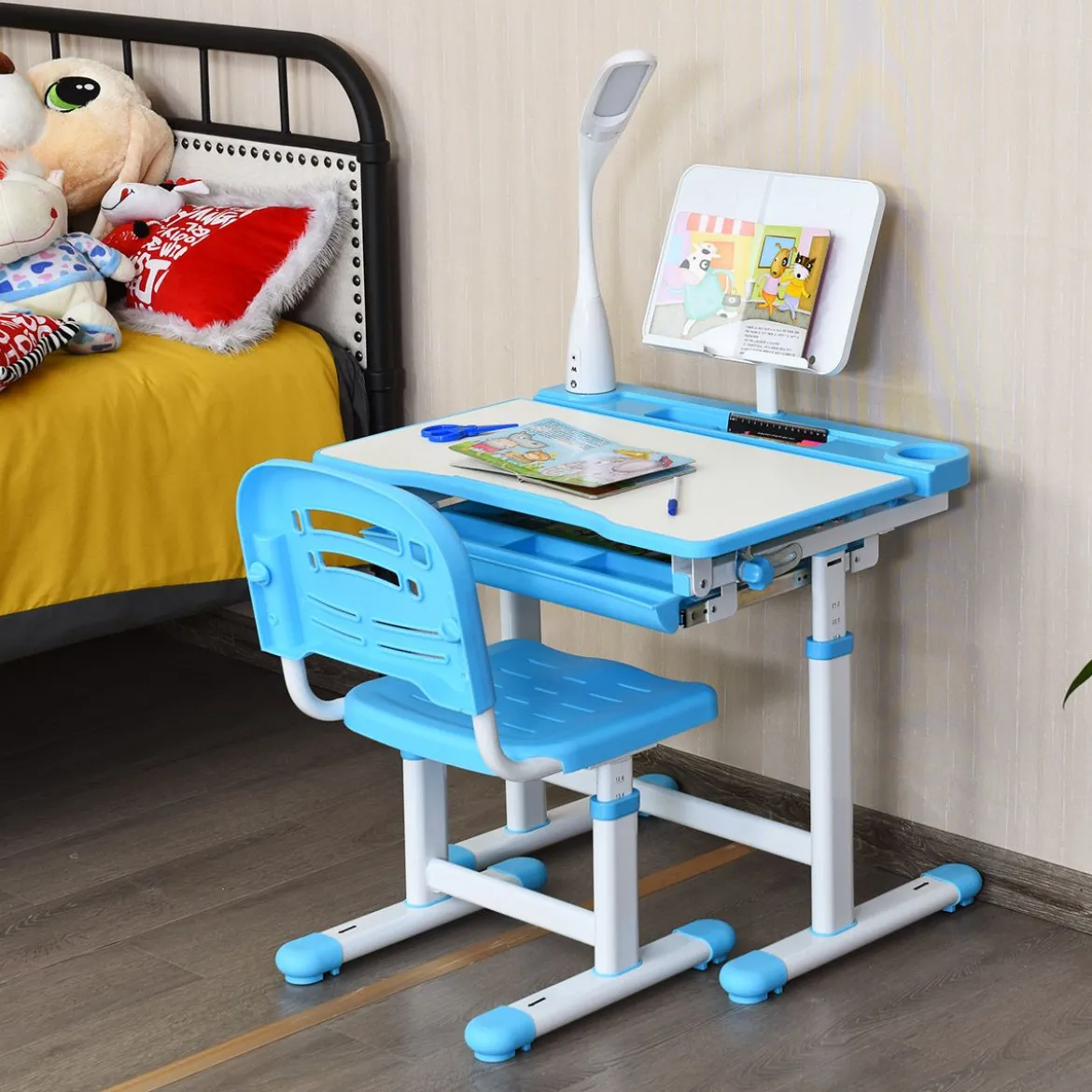 Kinderschreibtisch Neigungsverstellbar Schülerschreibtisch mit Lampe und Stuhl Farbewahl
